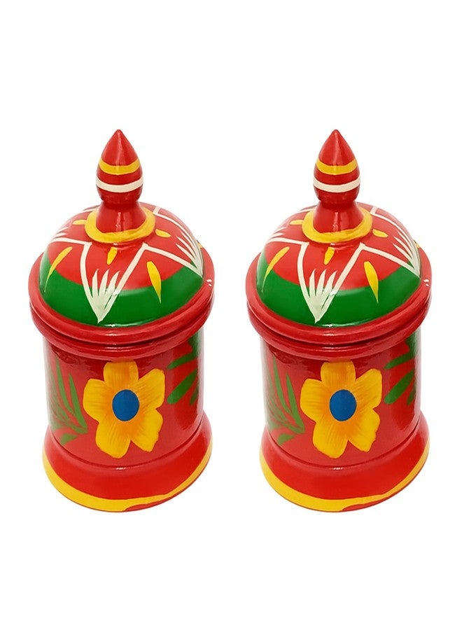 Fine Craft India Wooden Kumkum Box Sindoor Dani - Hand-Painted Multicolor Traditional Sindoor Dibbi Set of 2 Best Gift for Bride (3 Inch Height) Sindoor_Dibbi001 - Image 1